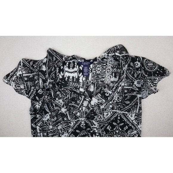 CHAPS - WOMEN'S BLACK & WHITE PRINT RUFFLE CHIFFON BLOUSE - SIZE S - Picture 3 of 8